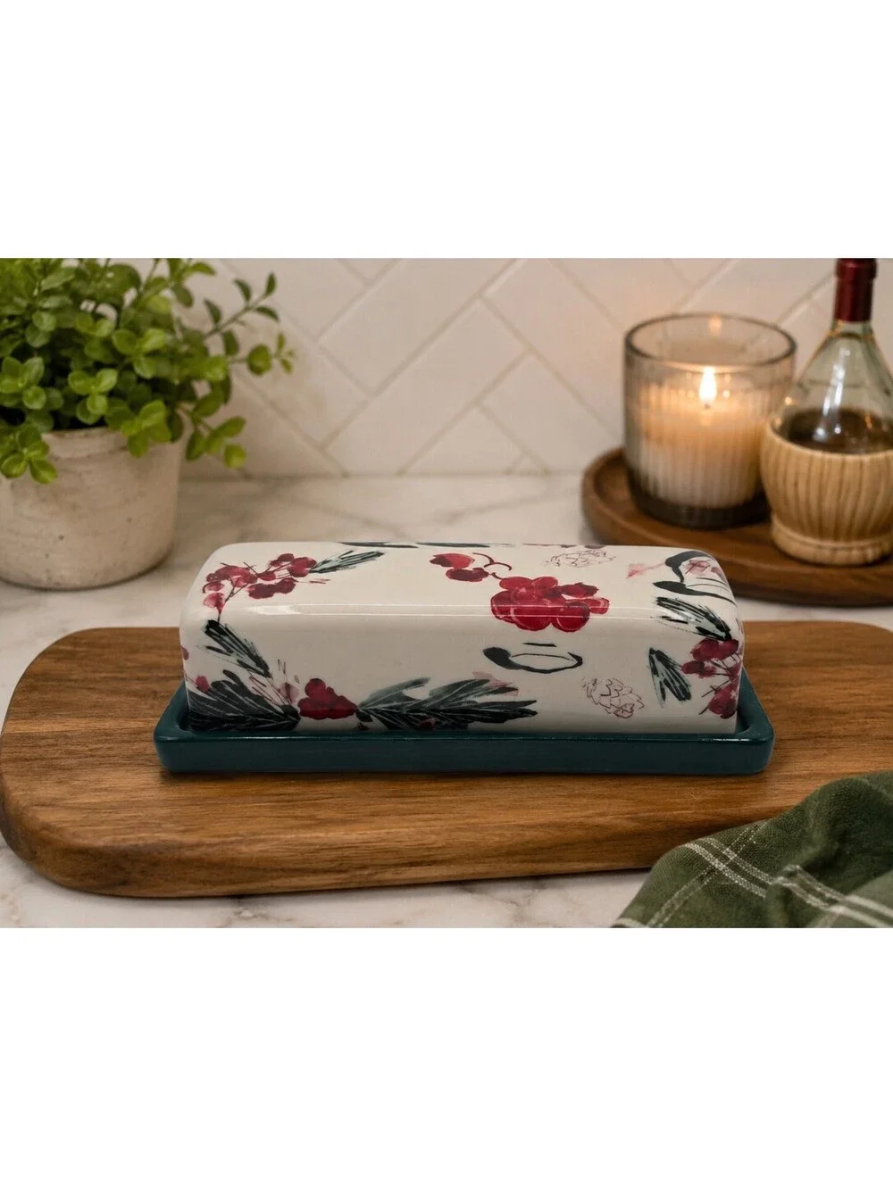 Anthropologie Holly Berry Stoneware Butter Dish Green Base Holiday Kitchen Decor